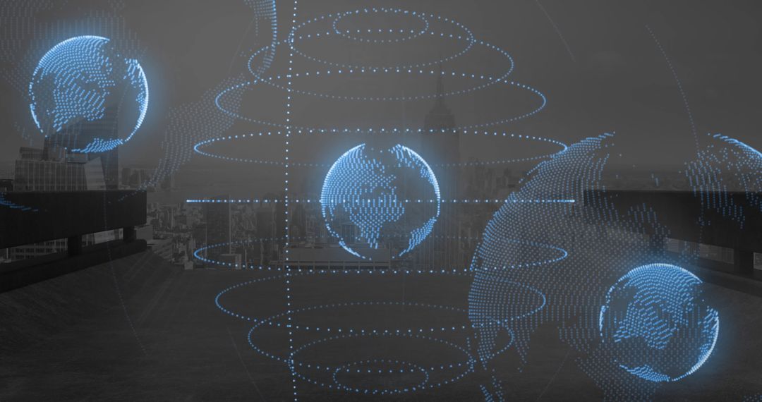Holographic Globes on Urban Rooftop Overlooking Skyline