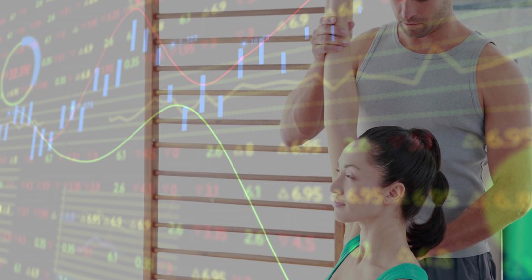 Personal Trainer Assisting Gym Stretch Session with Dynamic Data Overlay