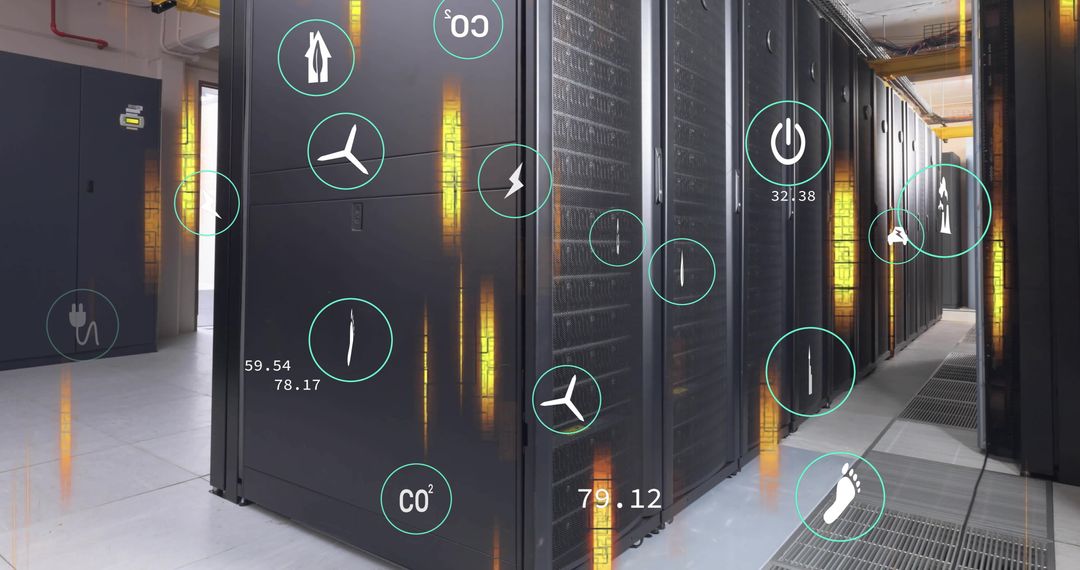 Digital Eco Icons Overlaid on Data Center Servers