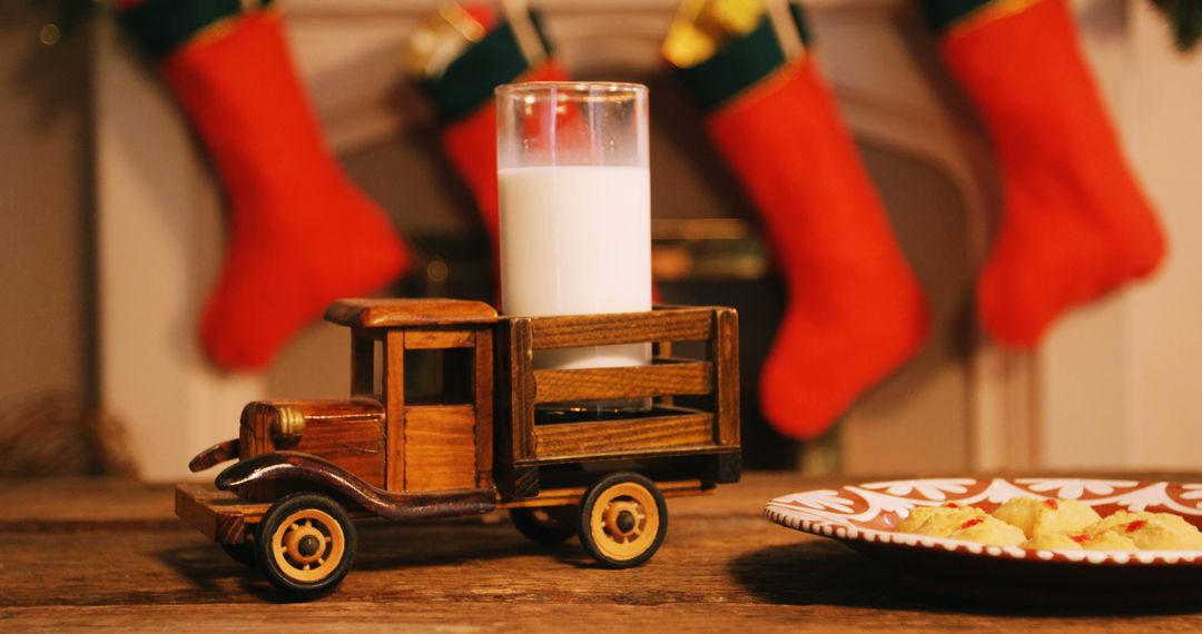 Retro Wooden Toy Truck Delivering Glass of Milk for Christmas Eve - Free Images, Stock Photos and Pictures on Pikwizard.com