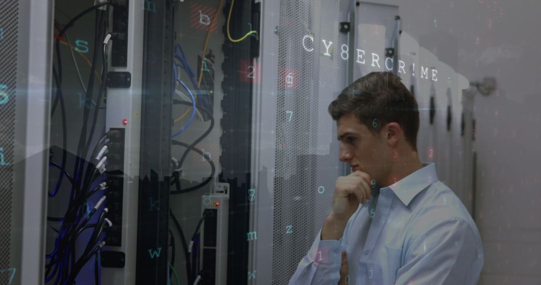 Man Analyzing Data and Cybersecurity Threats