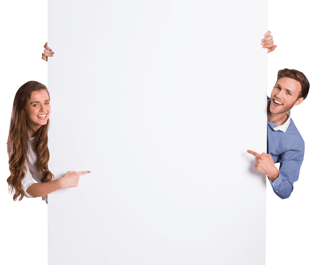 Young Couple With Blank Transparent Board Pointing to Presentation