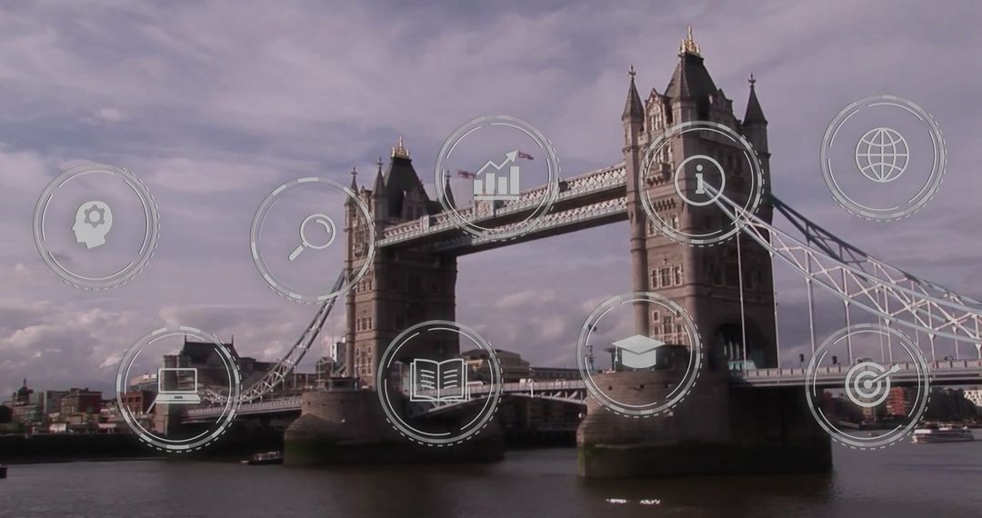 London Tower Bridge with Digital Tech and Education Icons Overlay