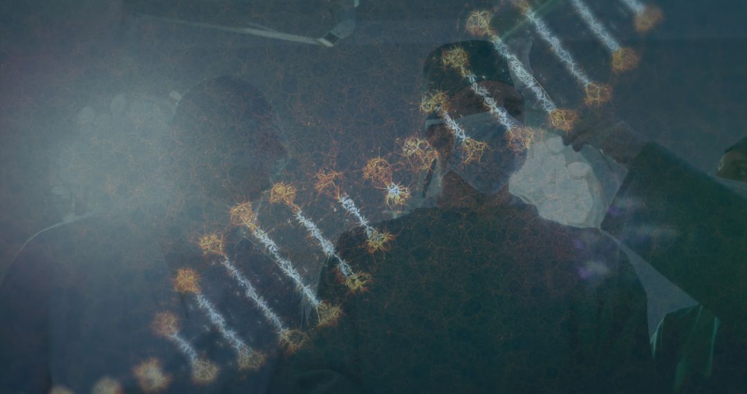 Surgical Team Analyzing DNA Helix Projection in Laboratory Environment