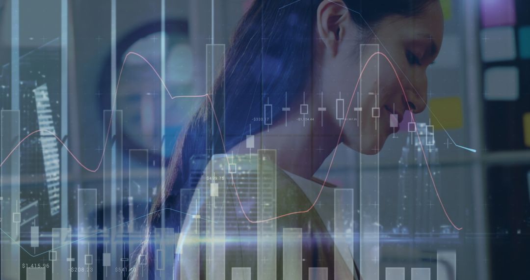 Businesswoman Analyzing Statistical Data with Graphs Overlay