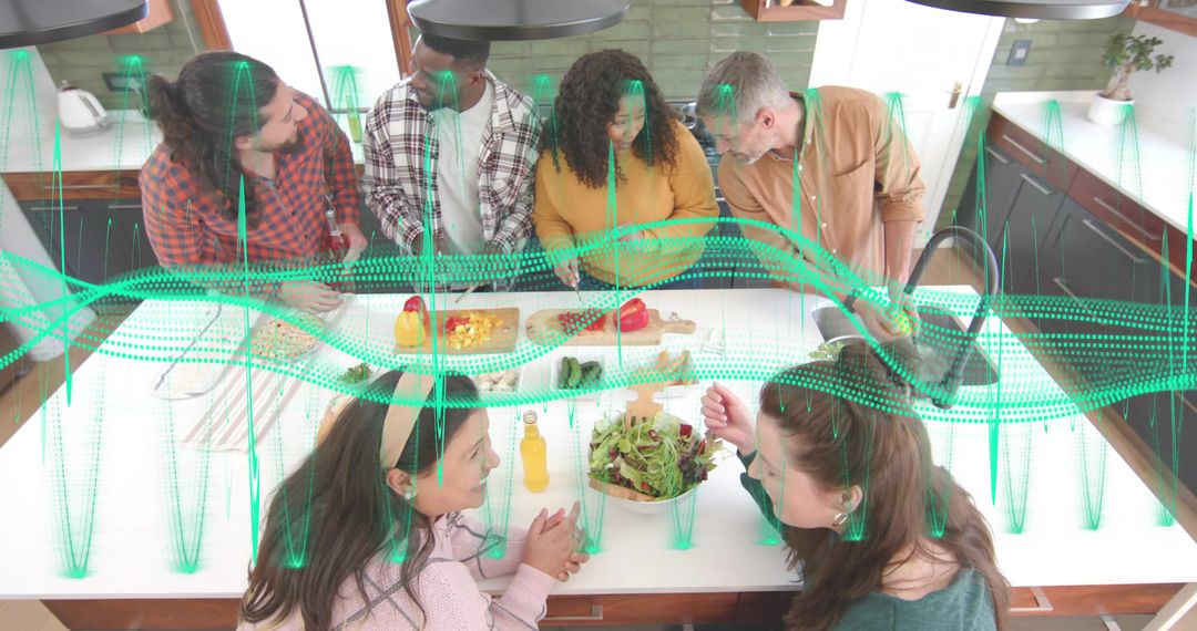 Diverse group preparing meal at modern kitchen island with interactive holographic overlay