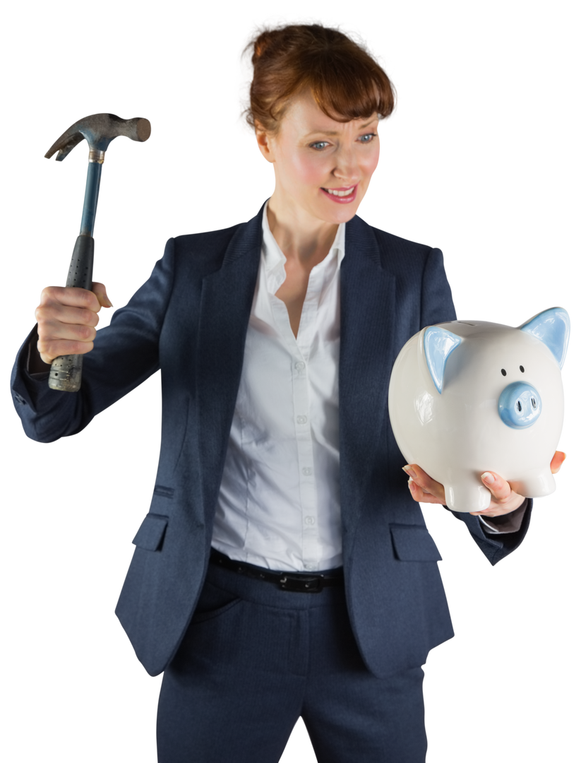 Transparent Image of Businesswoman Holding Hammer and Piggy Bank - Download Free Stock Images Pikwizard.com