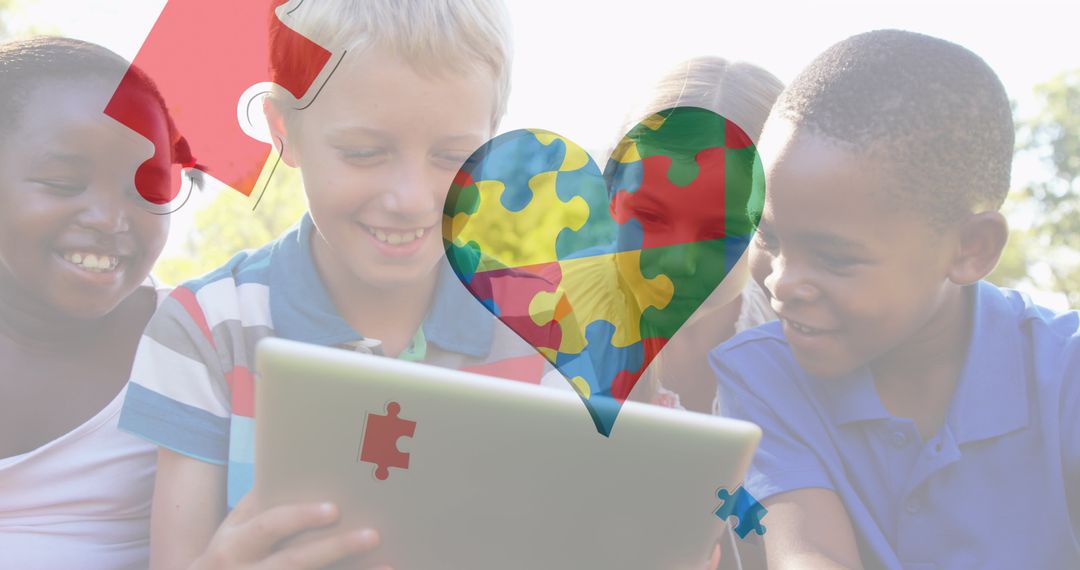 Children Using Tablet with Autism Awareness Puzzle Heart Overlay