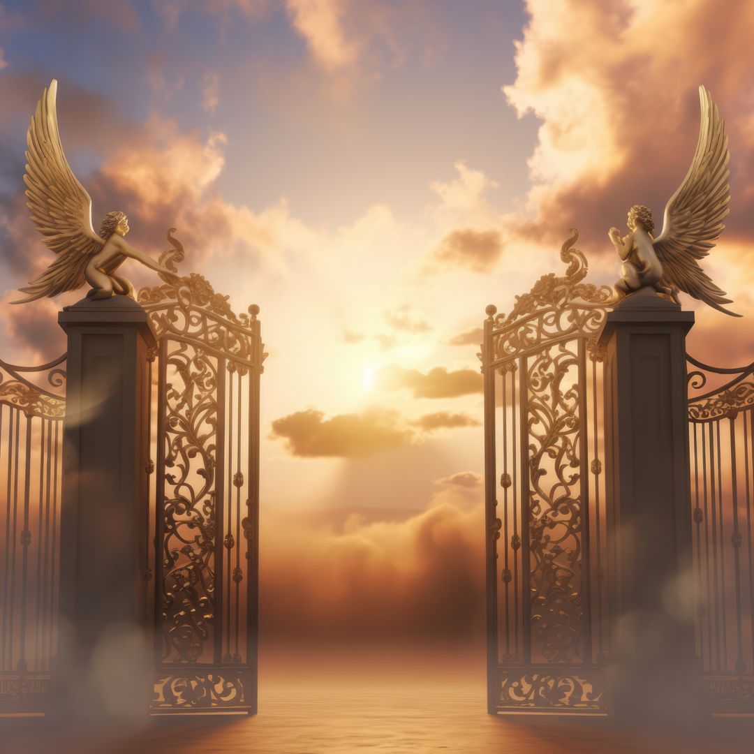 Golden Gates to Heaven with Angel Statues at Sunset - Free Images, Stock Photos and Pictures on Pikwizard.com