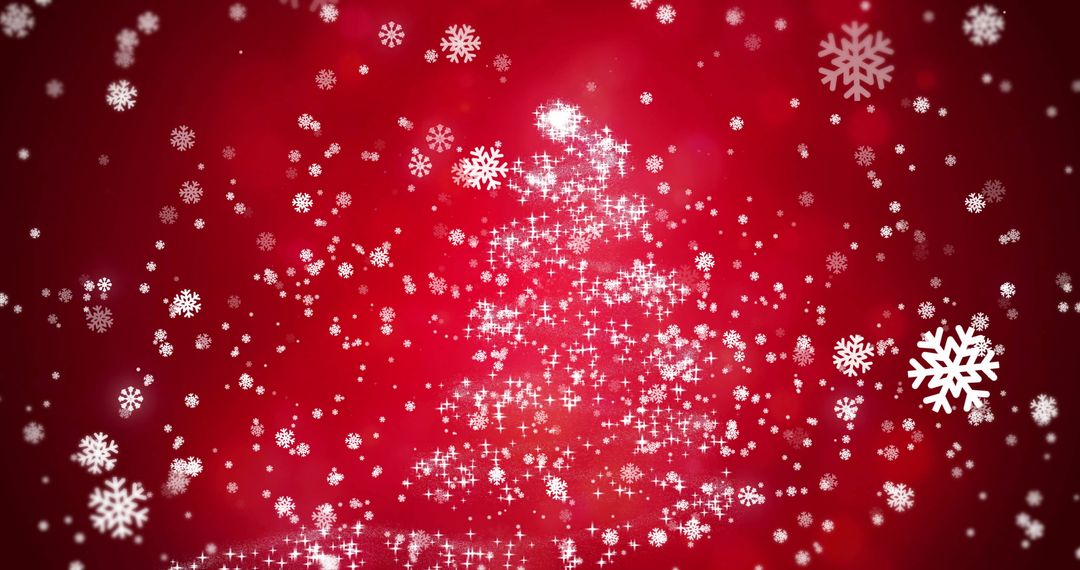 Sparkling Snowflakes Creating Tree Shape on Red Background
