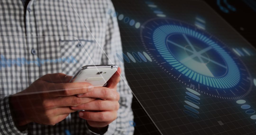 Businessman Engaging with Futuristic Data Interface on Smartphone