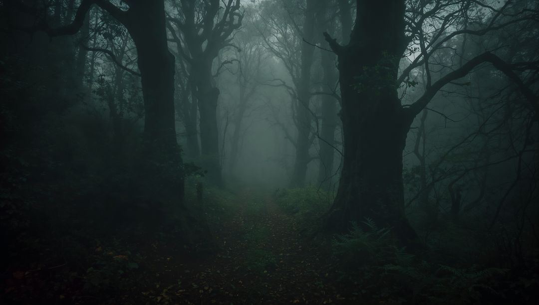 Mysterious Foggy Forest Path through Enchanted Woodland