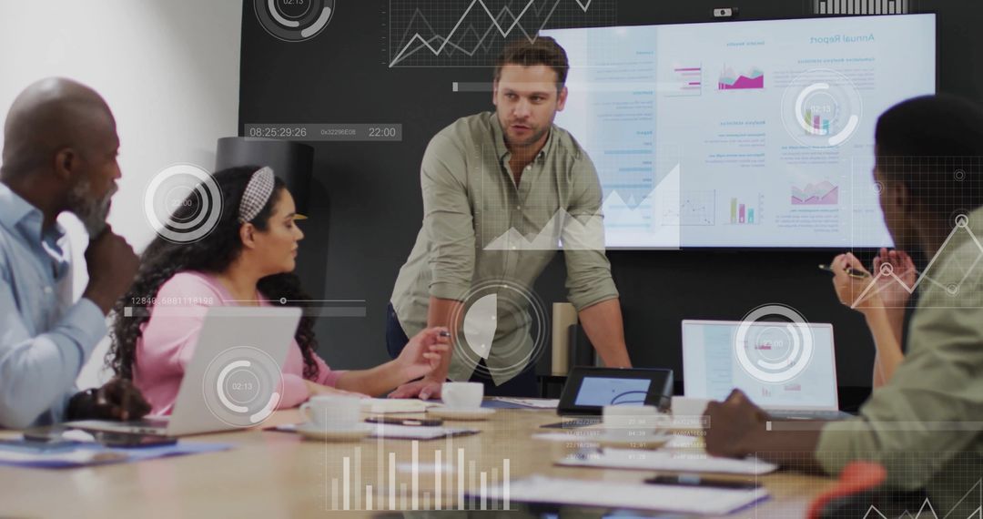 Team Collaborating on Digital Presentation with Data Visualizations