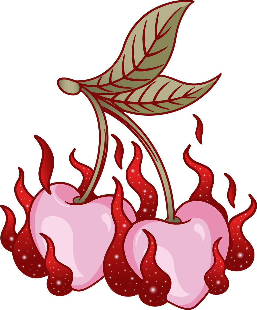 Heart-shaped Cherries with Flames on Flame Transparent Background