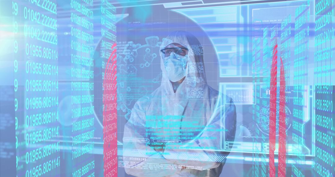 Scientist Monitoring Holographic Data with Futuristic Technology