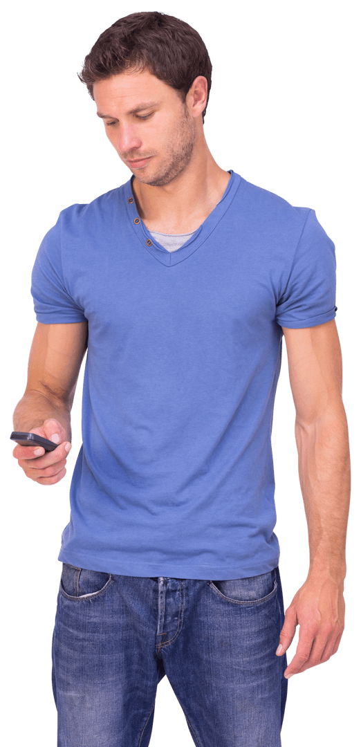 Transparent Man Using Mobile Phone in Casual Denim Outfit