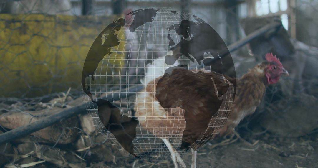 Free Roaming Hen in Rustic Environment with Globe Overlay