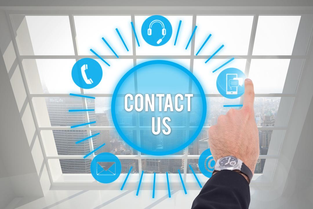 Business Contact Concept with Hand Pointing at Virtual Icons - Free Images, Stock Photos and Pictures on Pikwizard.com