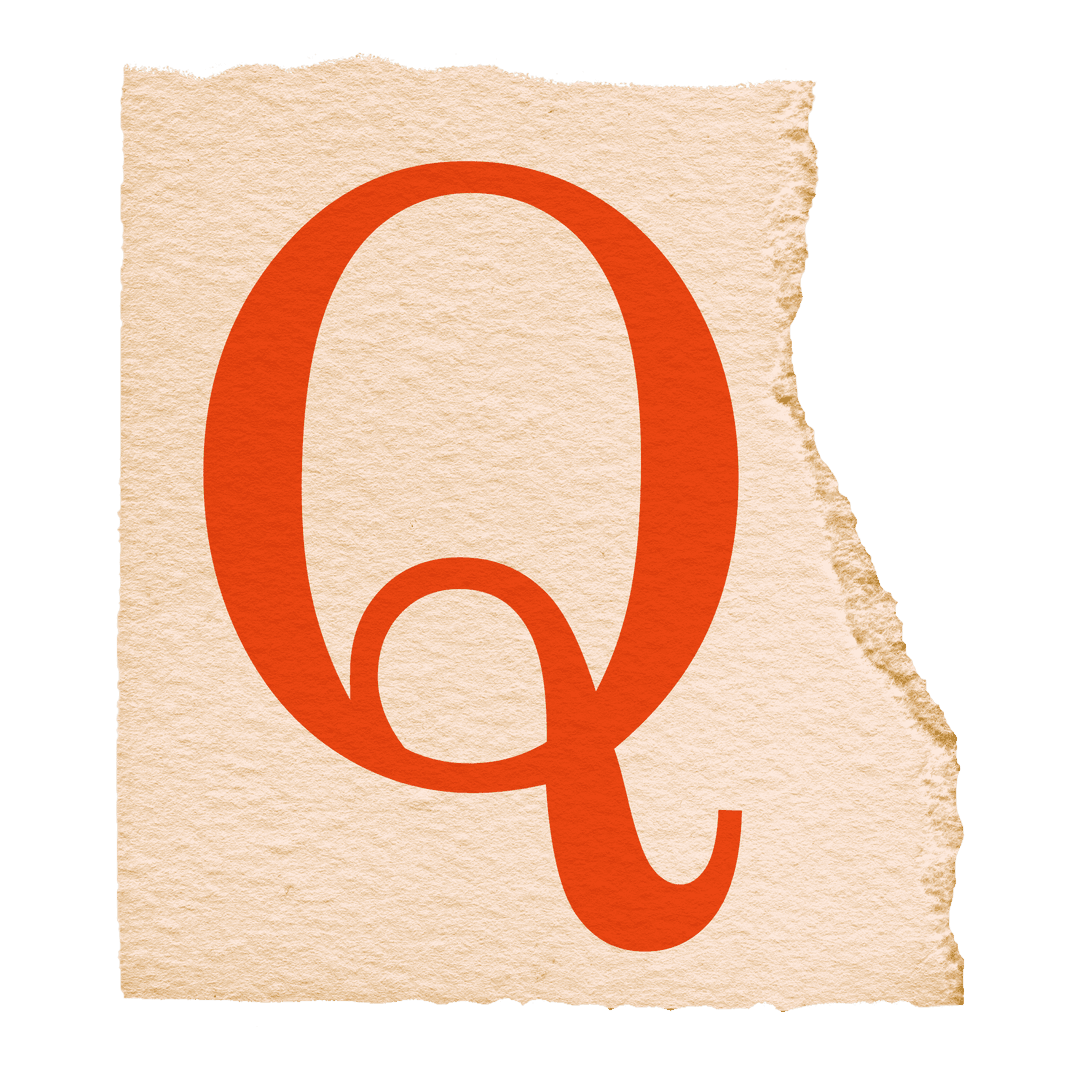 Bold Orange Serif Q on Torn Paper Transparent Background