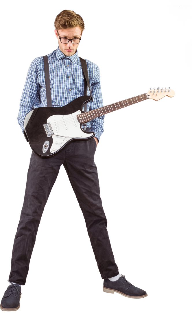 Transparent background geeky hipster playing electric guitar - Download Free Stock Images Pikwizard.com