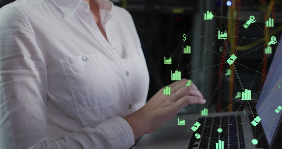 Woman Engaging with Digital Network in Server Room