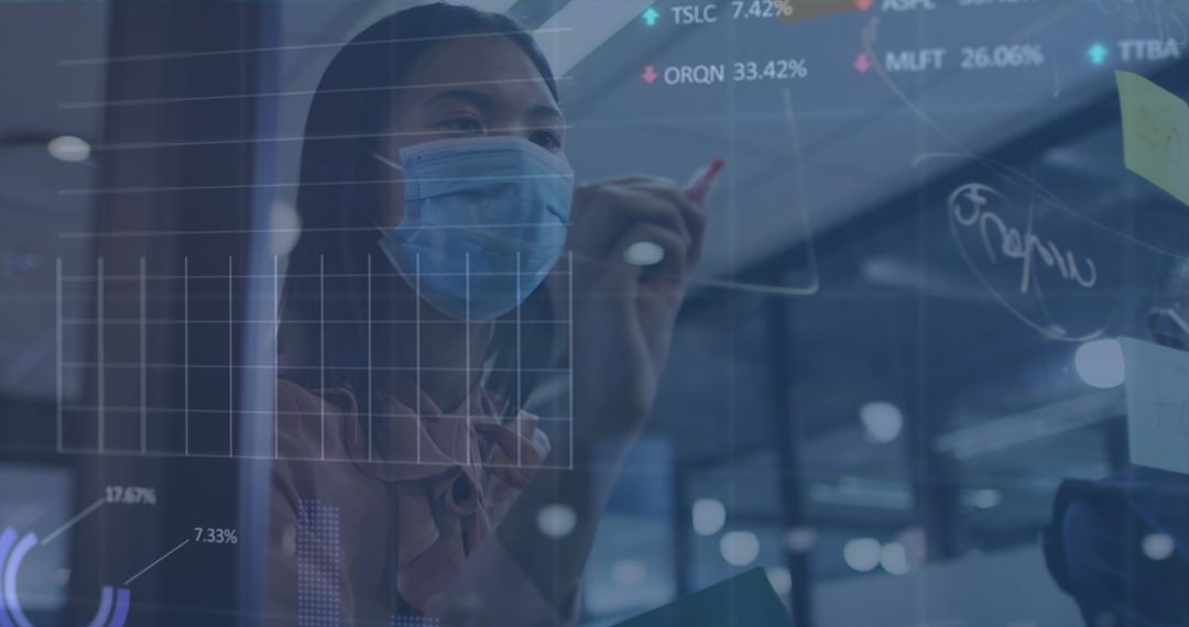 Businesswoman in Face Mask Analyzing Data in Modern Office