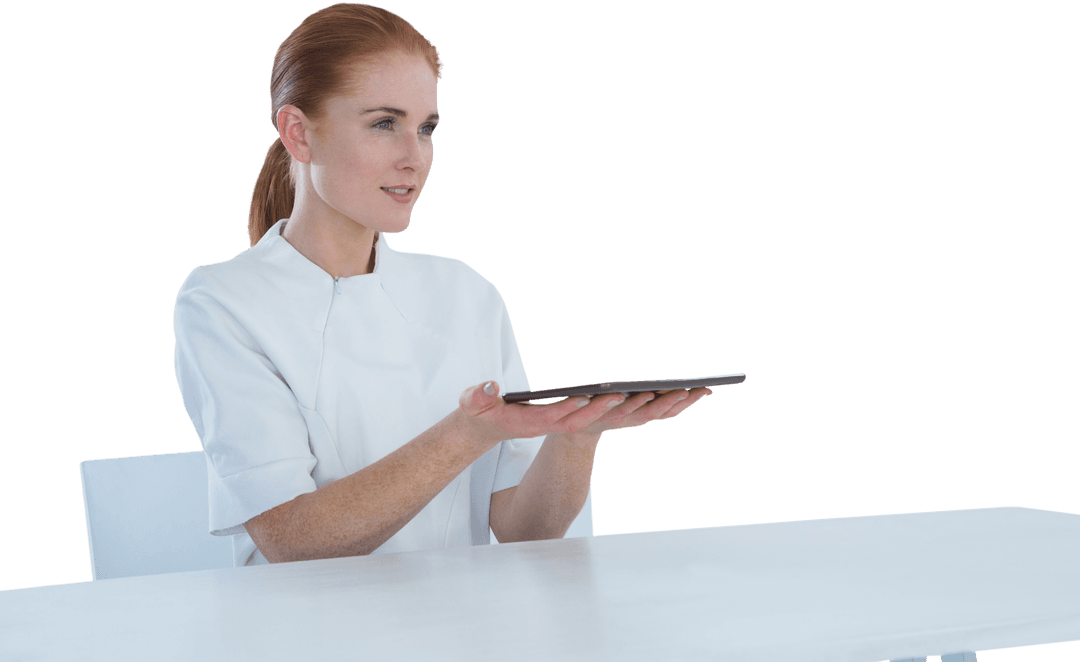 Transparent Image of Woman Holding Tablet at Desk