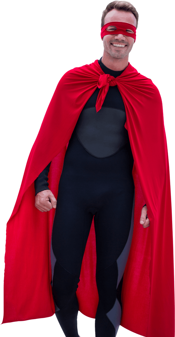 Joyful Man in Transparent Superhero Costume Strolling on Beachfront