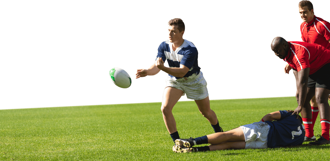 Dynamic Rugby Players on Field with Transparent Background
