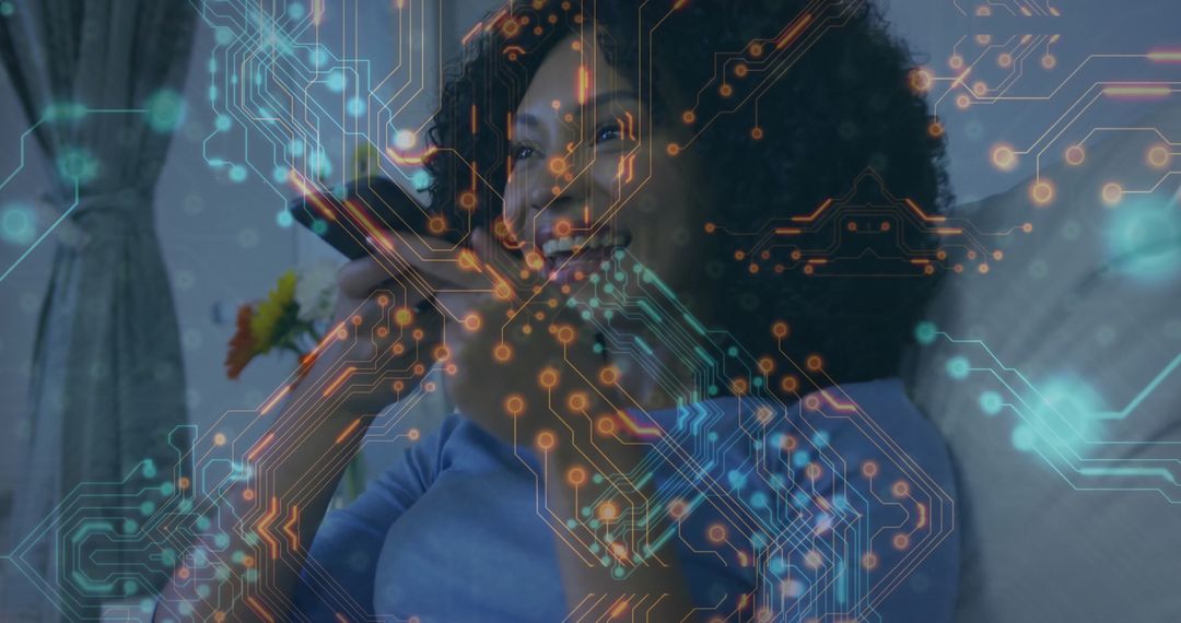 Smiling Woman with Smartphone and Digital Circuit Overlay