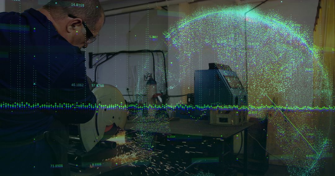 Industrial Machinist Precision Cutting with Data Integration Overlay