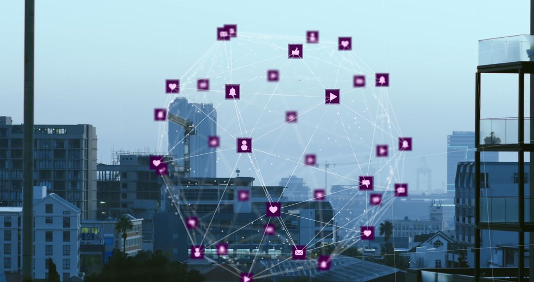 Digital Networking Sphere Over Cityscape