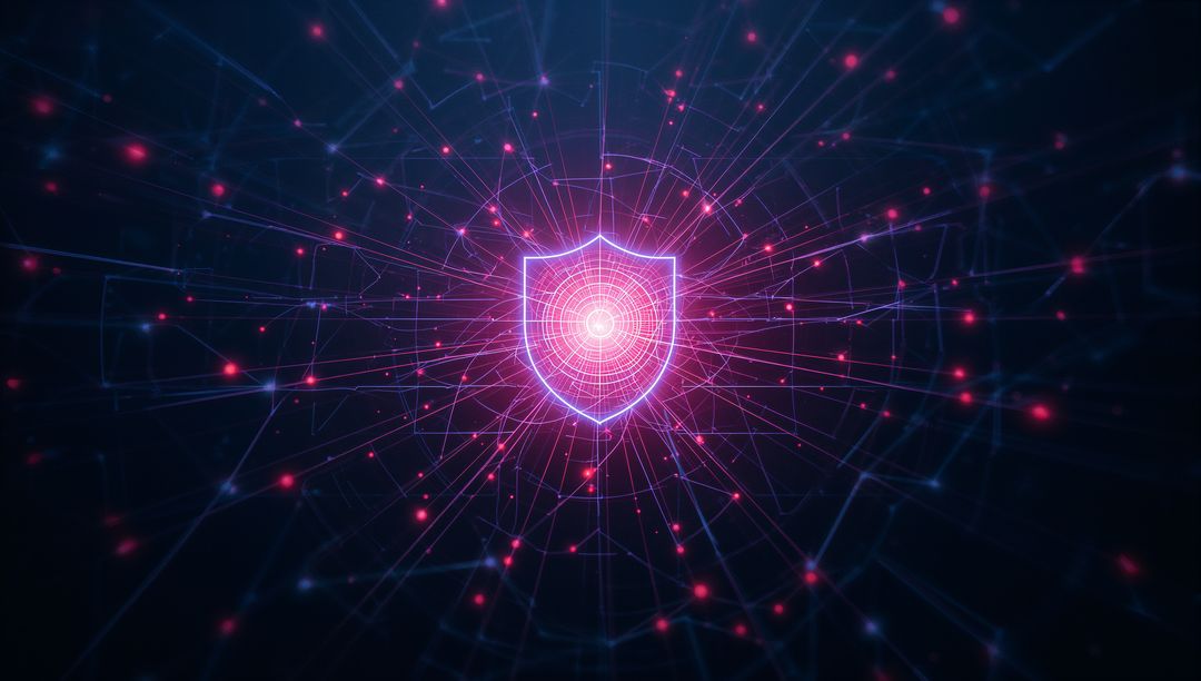 Glowing Neon Shield in Futuristic Cybersecurity Grid