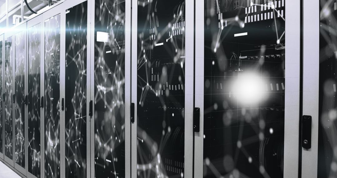 Futuristic Server Room with Digital Networks Overlay