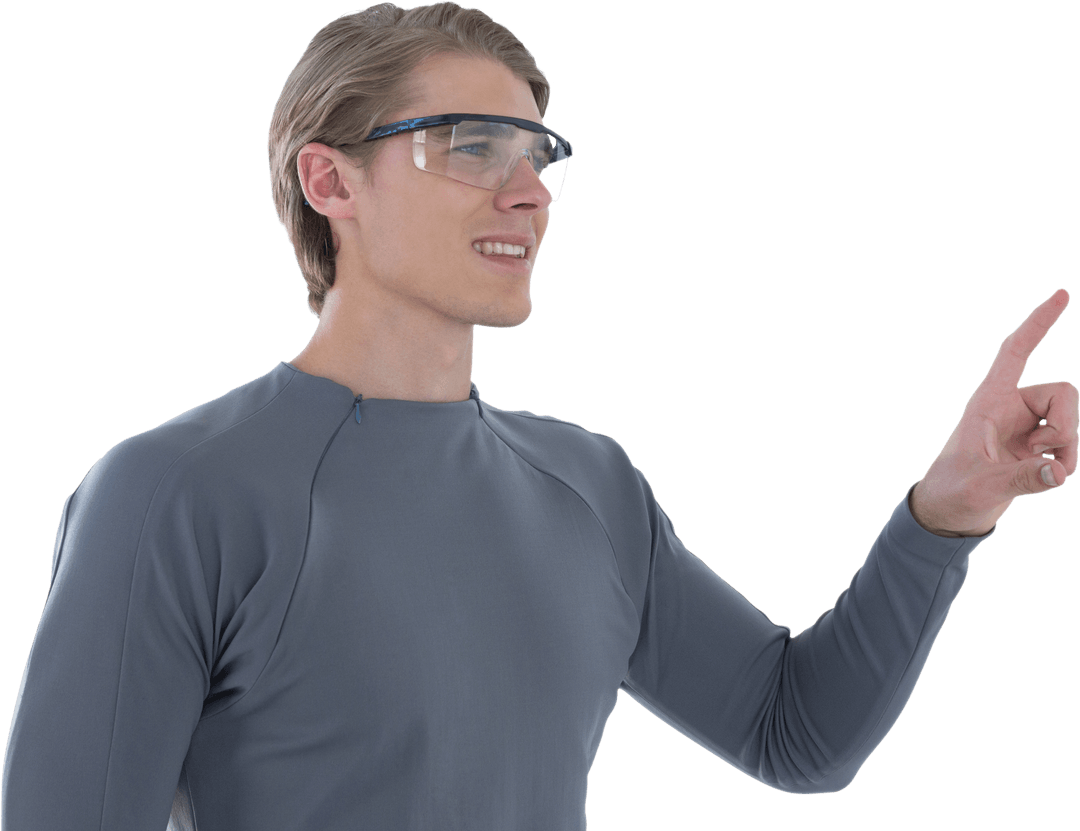 Businessman Gesturing and Smiling in Transparent Smart Glasses