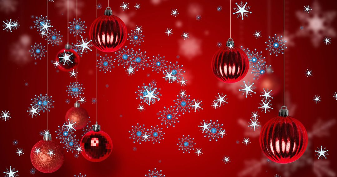 Festive Christmas Baubles with Snowflakes on Red Background