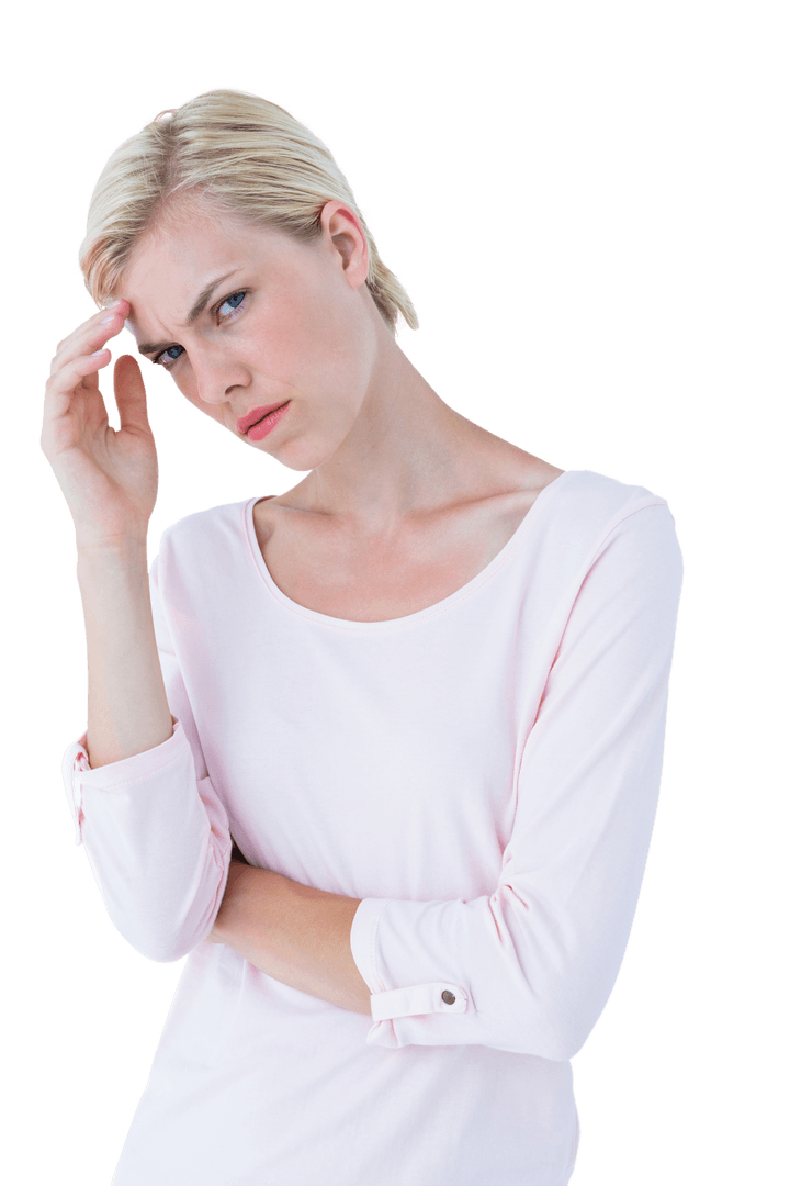 Transparent Thoughtful Woman in Light Pink Elegant Top