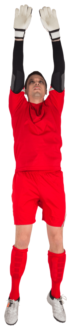 Transparent Image of Soccer Goalie Jumping in Red Kit for Ball