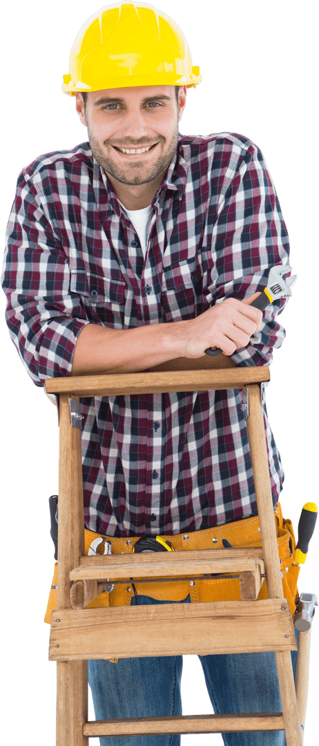 Transparent Repairman Smiling While Standing on Ladder