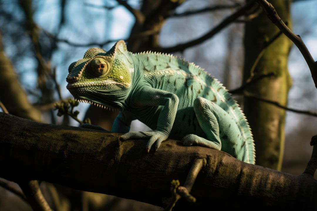 Green Chameleon Perched on Tree Branch in Natural Habitat - Free Images, Stock Photos and Pictures on Pikwizard.com