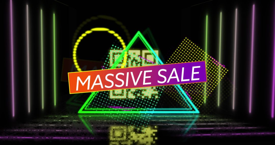 Vibrant Neon Sale Banner with QR Code on Reflective Surface