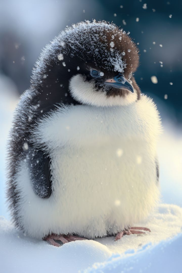 Fluffy Baby Penguin Covered in Snowflakes - Free Images, Stock Photos and Pictures on Pikwizard.com