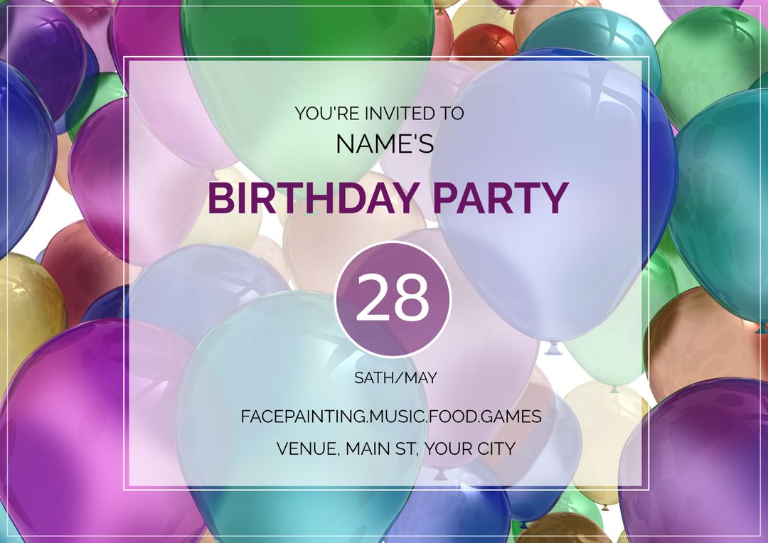 Colorful Balloon Birthday Party Invitation Template with Event Details - Download Free Stock Templates Pikwizard.com