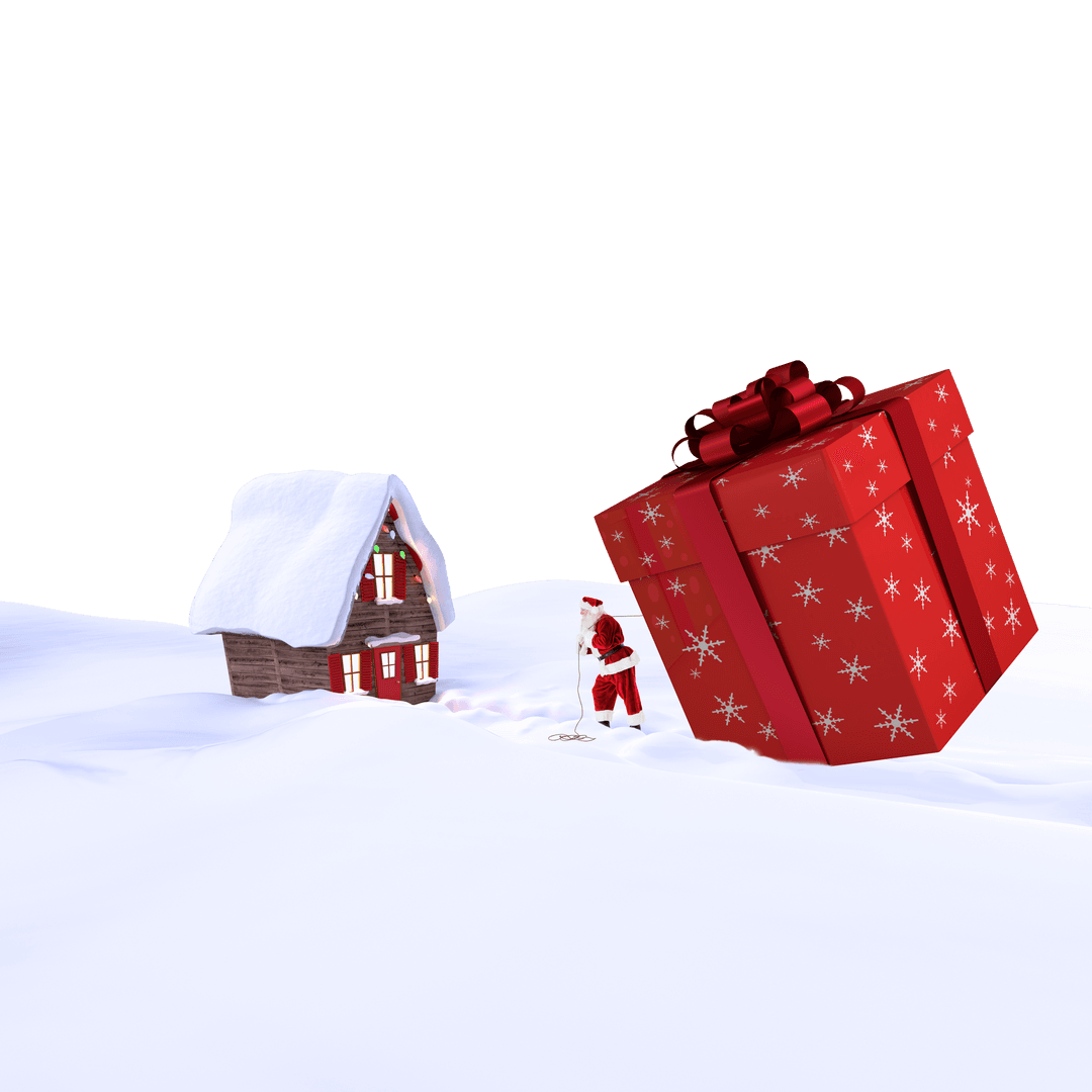 Santa Pulling Transparent Huge Christmas Gift in Snowy Landscape