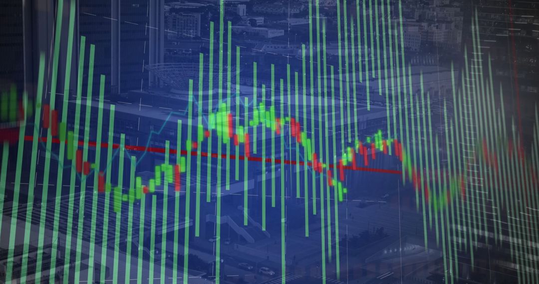 Dynamic Financial Chart with Red Trend Line Against Urban Backdrop