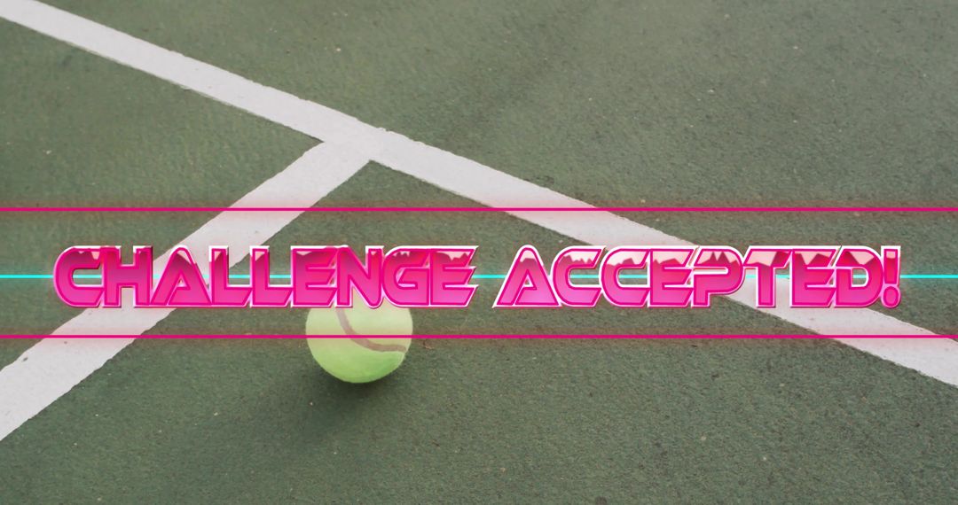 Retro Neon Challenge Accepted Overlay with Tennis Ball Sitting on Court Lines