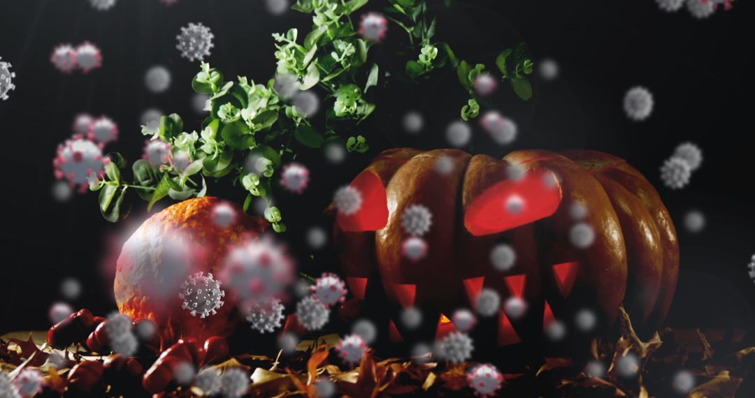 Halloween Pumpkins Amid Floating Viral Particles