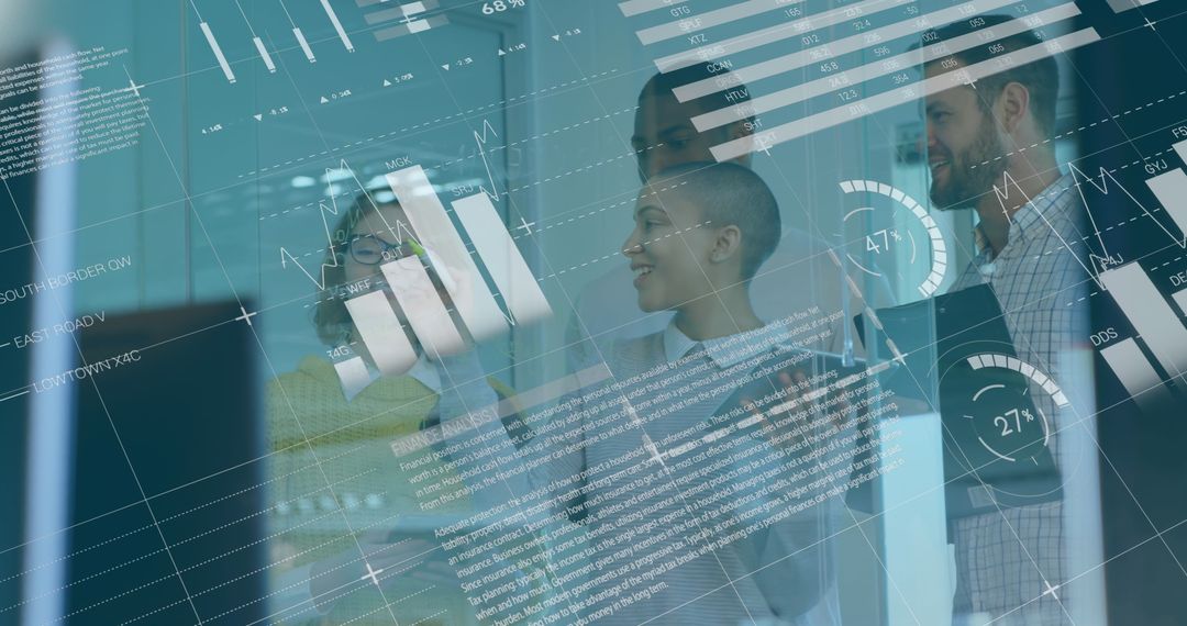 Diverse Team Analyzing Data on Transparent Infographic Interface