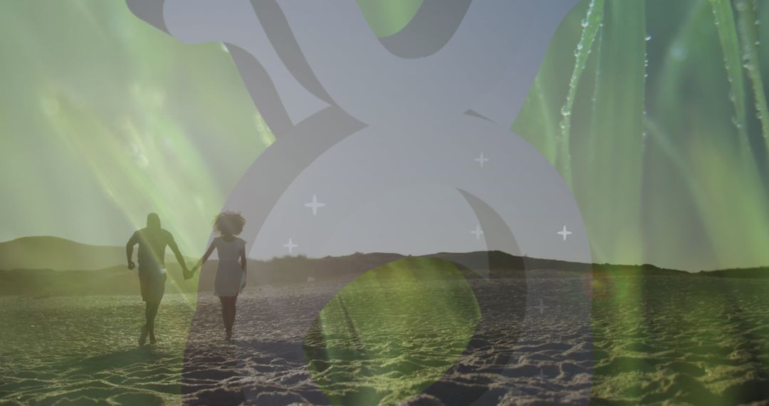 Romantic couple running on beach with nature overlay