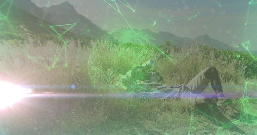 Hiker Exploring Nature with AR Overlay in Mountain Meadow